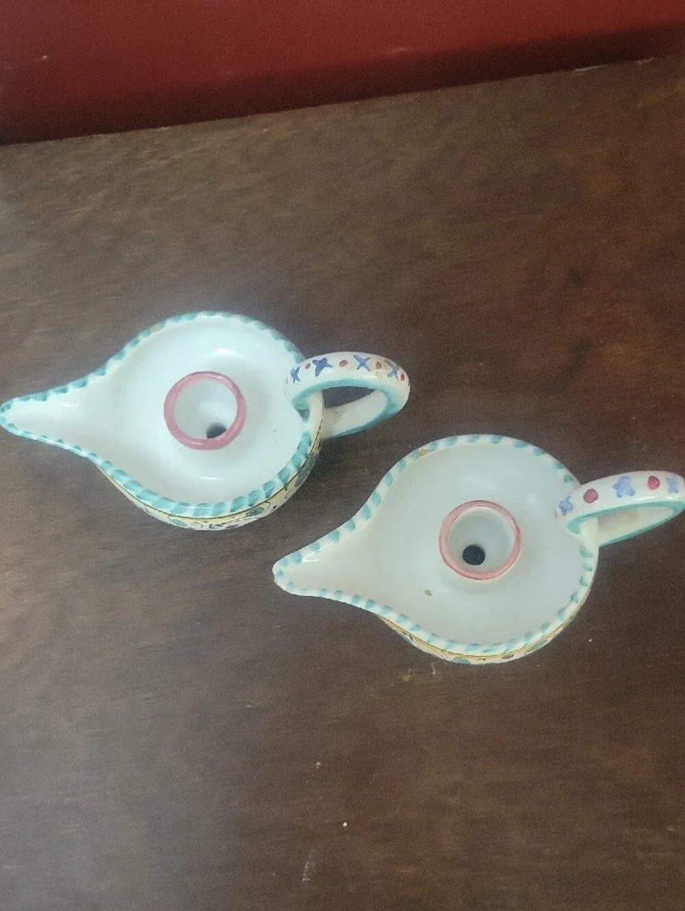 DERUTA ITALY Hand-Painted Turquoise/White Ceramic Candle Holders Genie/Aladdin